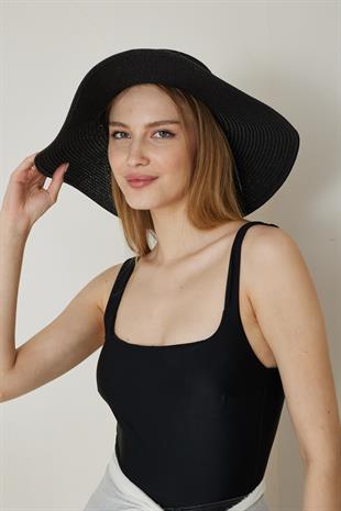 Kadın Geniş Hasır Şapka Deniz Kabuğu Siyah - Paye