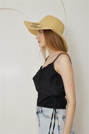 Kadın Hasır Kloş Şapka Beach Please Açık Bej - Lenora