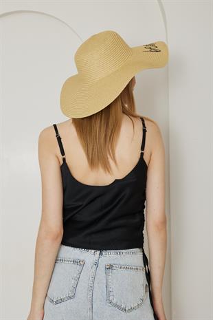Kadın Hasır Kloş Şapka Beach Please Açık Bej - Lenora
