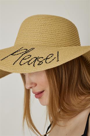 Kadın Hasır Kloş Şapka Beach Please Açık Bej - Lenora