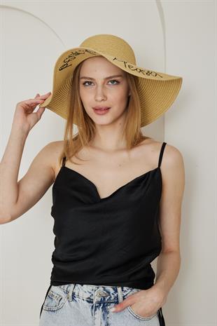 Kadın Hasır Kloş Şapka Beach Please Açık Bej - Lenora