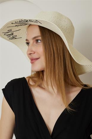 Kadın Hasır Kloş Şapka Beach Please Ekru - Lenora