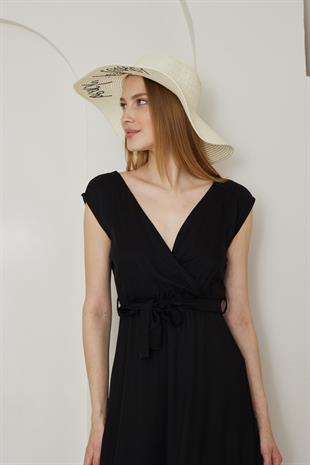 Kadın Hasır Kloş Şapka Beach Please Ekru - Lenora