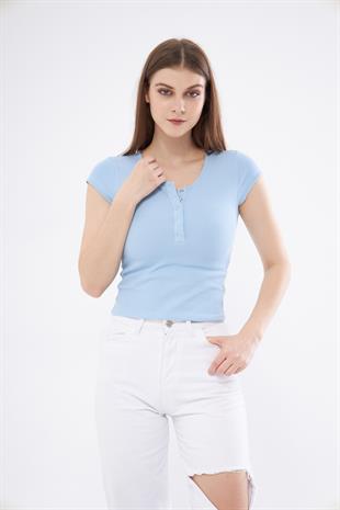 Kadın Mavi Dar Kalıp Crop T-shirt - Citcit