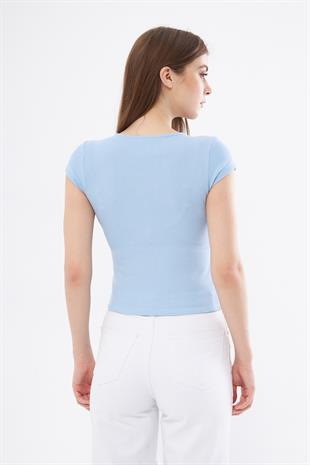 Kadın Mavi Dar Kalıp Crop T-shirt - Citcit