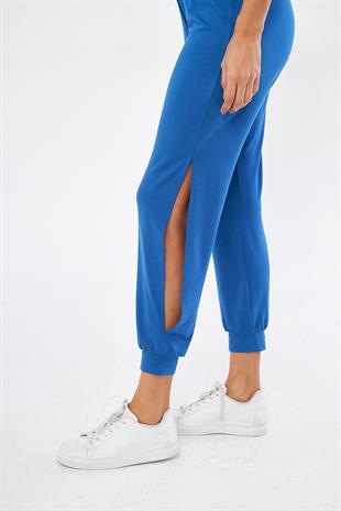 Kadın Mavi Yırtmaç Detaylı Beli Lastikli Şalvar Görünümlü Pantolon Joggers - Bella