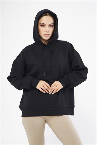 Kadın Oversize Basic Kapüşonlu Şardonlu Sweatshirt Siyah - Fruno