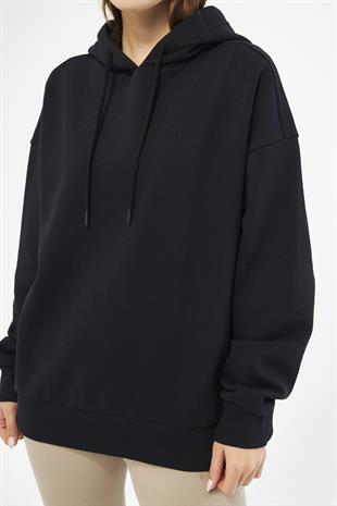 Kadın Oversize Basic Kapüşonlu Şardonlu Sweatshirt Siyah - Fruno
