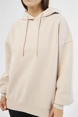 Kadın Oversize Basic Kapüşonlu Şardonlu Sweatshirt Bej - Fruno