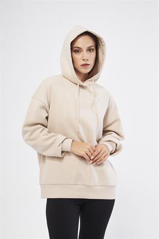 Kadın Oversize Basic Kapüşonlu Şardonlu Sweatshirt Bej - Fruno