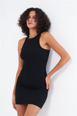 Kadın Siyah Askılı Diz Üstü Mini Elbise - Mara