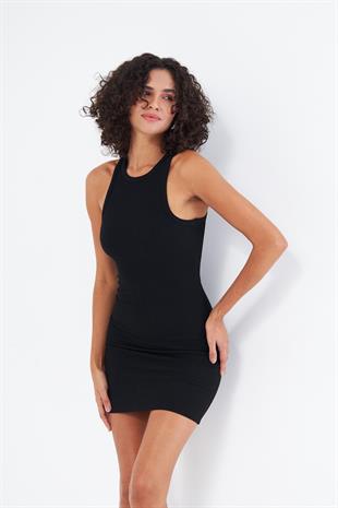 Kadın Siyah Askılı Diz Üstü Mini Elbise - Mara