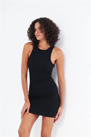 Kadın Siyah Askılı Diz Üstü Mini Elbise - Mara