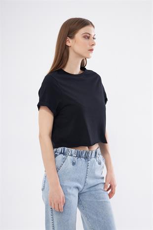 Kadın Siyah Crop T-shirt - Lila