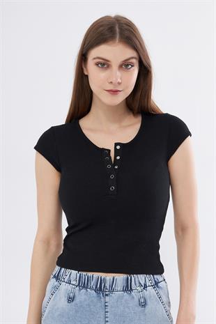 Kadın Siyah Dar Kalıp Crop T-shirt - Citcit