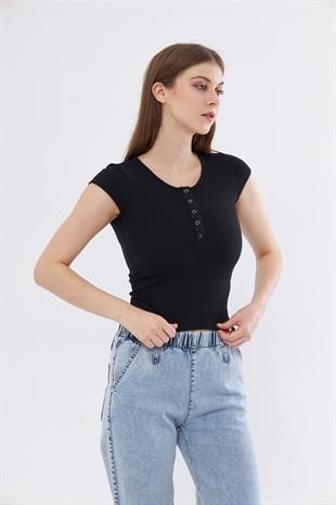 Kadın Siyah Dar Kalıp Crop T-shirt - Citcit
