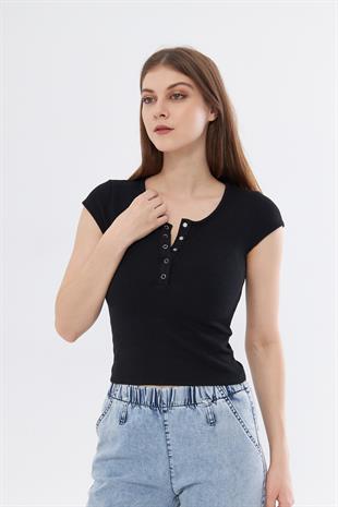 Kadın Siyah Dar Kalıp Crop T-shirt - Citcit