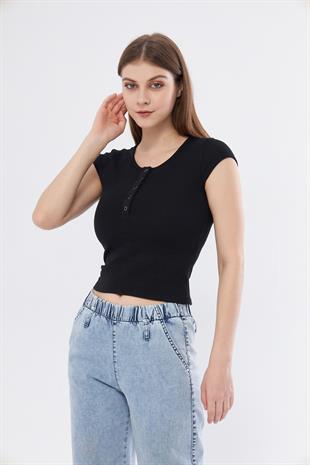 Kadın Siyah Dar Kalıp Crop T-shirt - Citcit