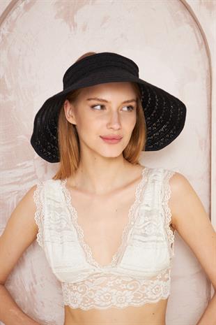 Kadın Siyah Fiyonklu Üstü Açık Dantel Şapka - Jolie