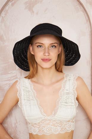 Kadın Siyah Fiyonklu Üstü Açık Dantel Şapka - Jolie