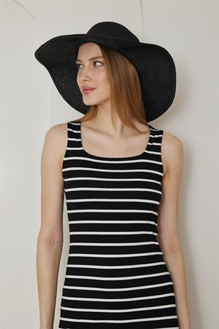 Kadın Siyah Geniş Hasır Şapka - Bronte