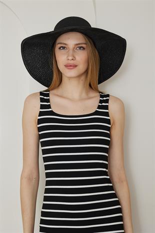 Kadın Siyah Geniş Hasır Şapka - Bronte