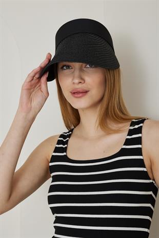 Kadın Siyah Hasır Vizör Katlanabilir Şapka - Terra