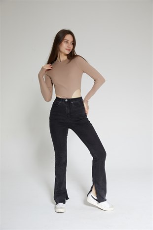 Kahverengi Kadın Fitilli Bel Dekolteli Parmak Detaylı Bodysuit - Ren