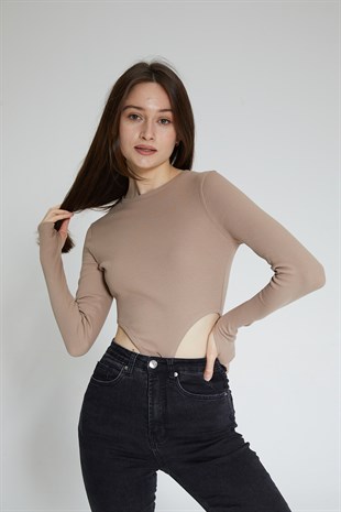 Kahverengi Kadın Fitilli Bel Dekolteli Parmak Detaylı Bodysuit - Ren