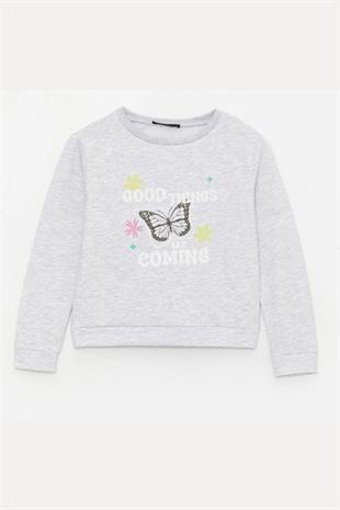 Kız Çocuk Sweatshirt Baskılı Gri Melanj- Miranda