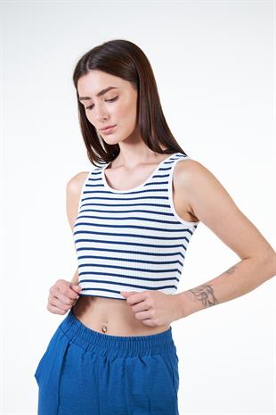 Lacivert Çizgili Kaşkorse Kolsuz Crop T-shirt - İsabel