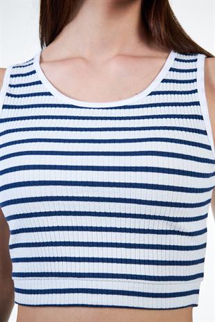 Lacivert Çizgili Kaşkorse Kolsuz Crop T-shirt - İsabel