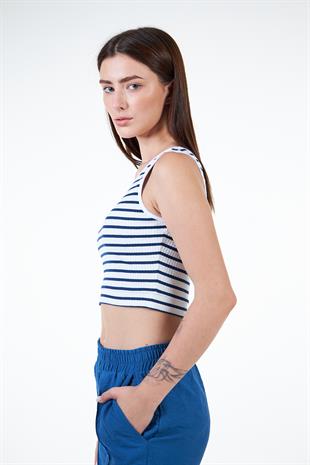 Lacivert Çizgili Kaşkorse Kolsuz Crop T-shirt - İsabel