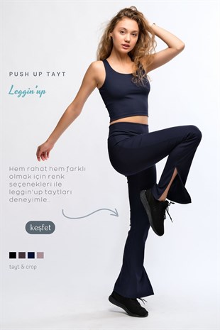 Lacivert Kadın Yüksek Bel Toparlayıcı Fitilli İspanyol Paça Spor Tayt - Toledo