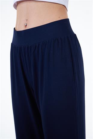 Lacivert Kadın Yırtmaç Detaylı Beli Lastikli Şalvar Görünümlü Pantolon Joggers - Bella