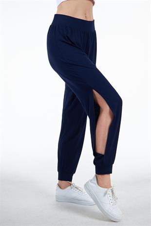 Lacivert Kadın Yırtmaç Detaylı Beli Lastikli Şalvar Görünümlü Pantolon Joggers - Bella