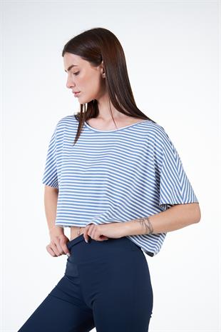 Mavi Kadın Çizgili Yarasa Kol Tshirt - Avon