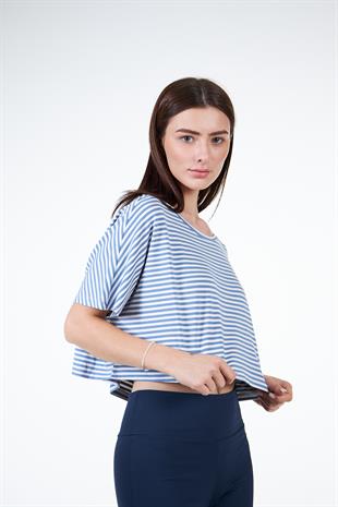 Mavi Kadın Çizgili Yarasa Kol Tshirt - Avon