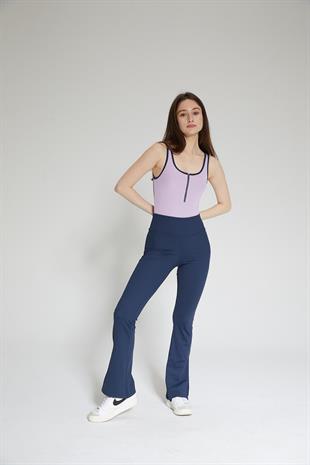 Mor Kadın İnce Kolsuz Fitilli Fermuar Detaylı Bodysuit - Front