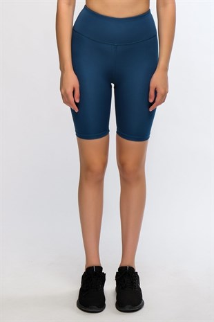 Petrol Kadın Yüksek Bel Soft Touch Biker Kısa Şort Spor Tayt - Pageda