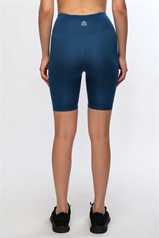 Petrol Kadın Yüksek Bel Soft Touch Biker Kısa Şort Spor Tayt - Pageda