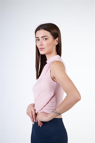Rose Kadın Dik Yaka Kolsuz Drapeli Crop T-shirt - İvana