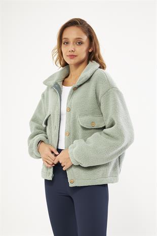 Sherpa Hırka Cep Detaylı Düğmeli Mint - Cecila
