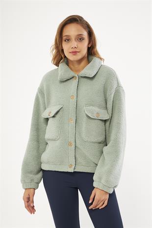 Sherpa Hırka Cep Detaylı Düğmeli Mint - Cecila