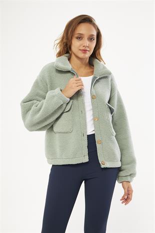Sherpa Hırka Cep Detaylı Düğmeli Mint - Cecila