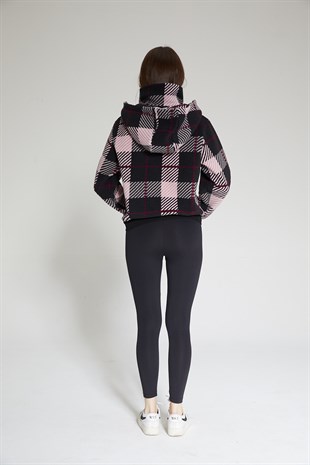 Kadın Siyah Ekose Fermuarlı Kapüşonlu Peluş Hırka - Pers