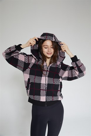 Kadın Siyah Ekose Fermuarlı Kapüşonlu Peluş Hırka - Pers