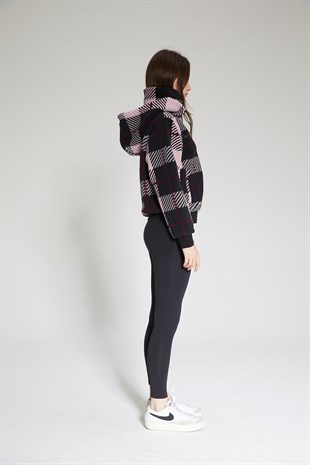 Kadın Siyah Ekose Fermuarlı Kapüşonlu Peluş Hırka - Pers