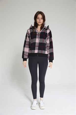 Kadın Siyah Ekose Fermuarlı Kapüşonlu Peluş Hırka - Pers