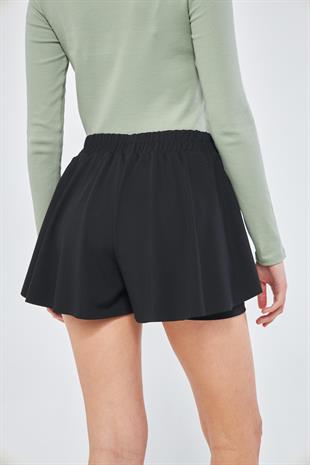 Siyah Kadın 2 Katmanlı Kloş Etek Görünümlü Spor Şort - Şortlu Tayt 2in1 - Rane